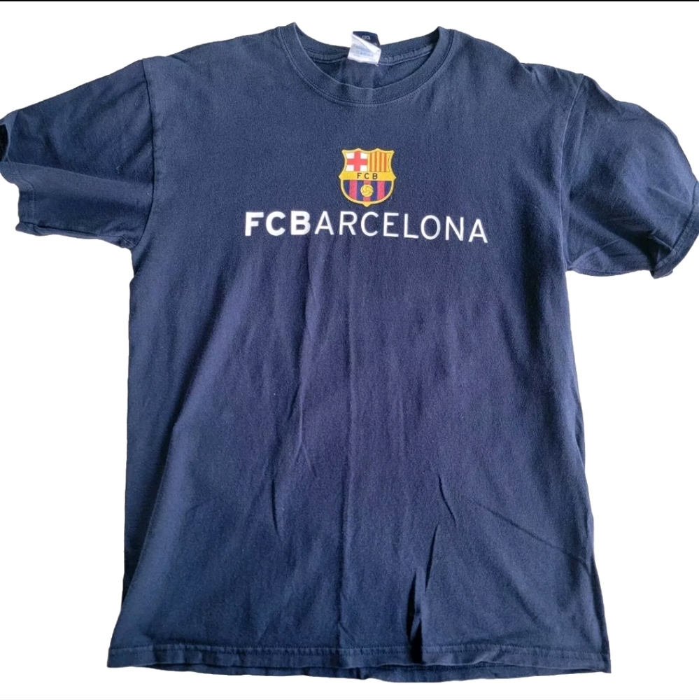 FCB FC Barcelona T-Shirt sz Medium Navy Blue Short Sleeve Graphic Tee Crew